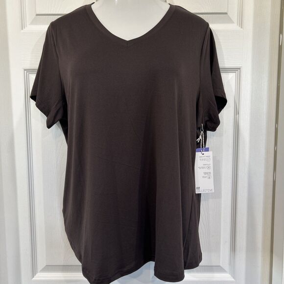 Fit Collective Tops - Fit Collective Soft V Neck Plus Size 1X Brown Shirt Top Casual Fitness Stretch